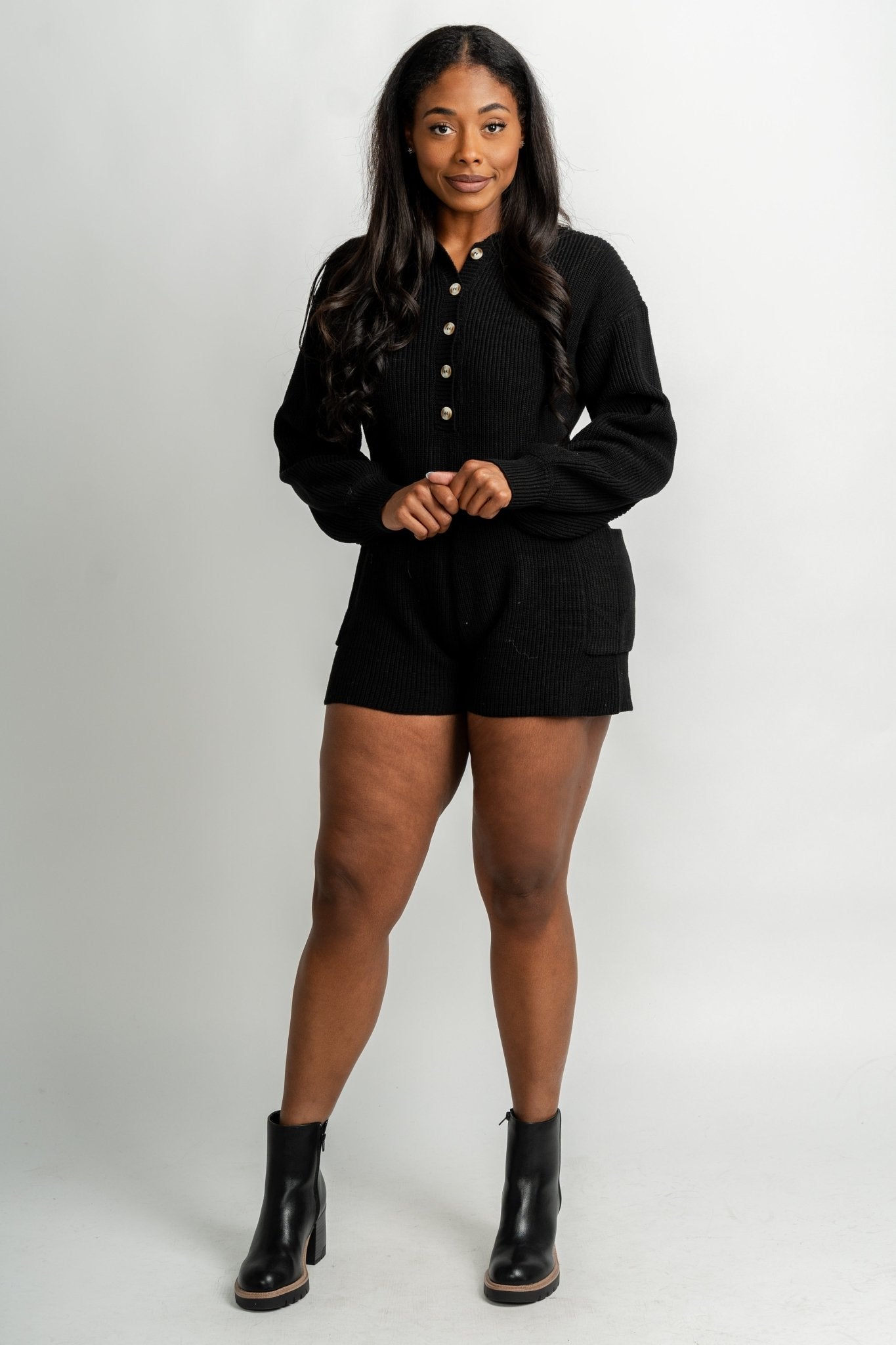 Long sleeve sweater romper black - Trendy Romper - Fashion Rompers & Pantsuits at Lush Fashion Lounge Boutique in Oklahoma City