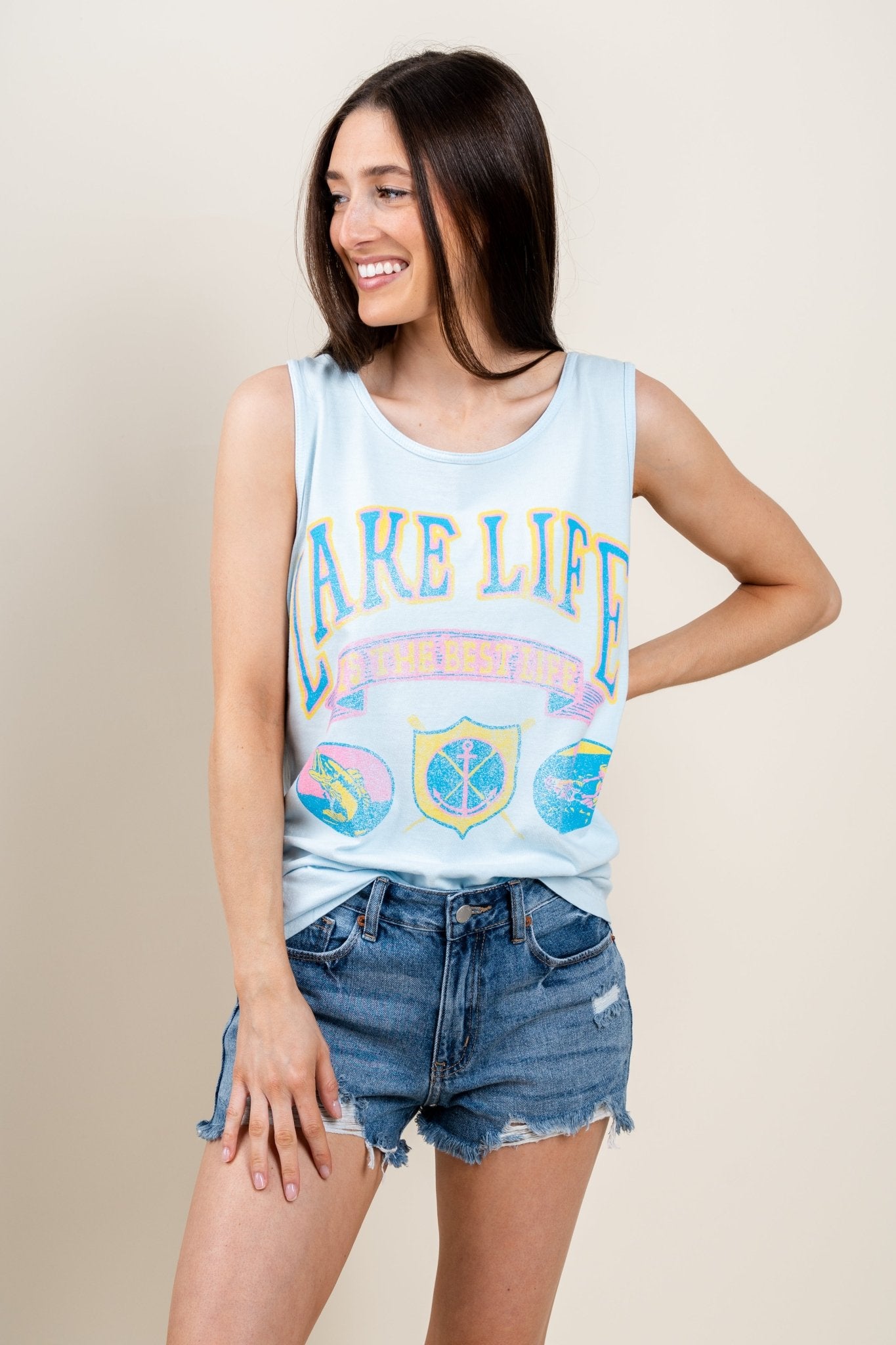 Lake life patch comfort wash tank top baby blue - DayDreamer Rock T-Shirts at Lush Fashion Lounge Trendy Boutique in Oklahoma City