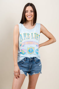 Lake life patch comfort wash tank top baby blue - DayDreamer Graphic Band Tees at Lush Fashion Lounge Trendy Boutique in Oklahoma City