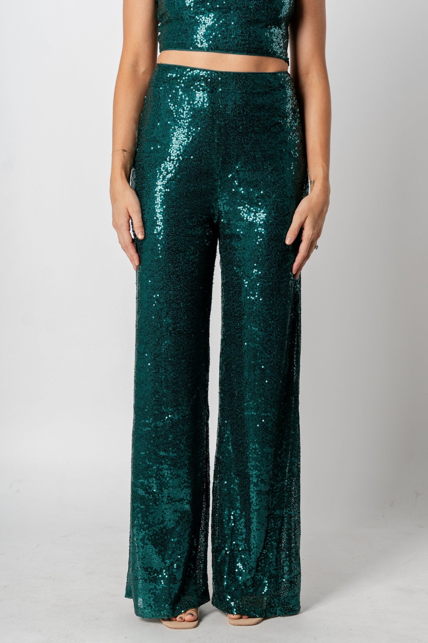 Sequin flare pants dark shiny turquoise