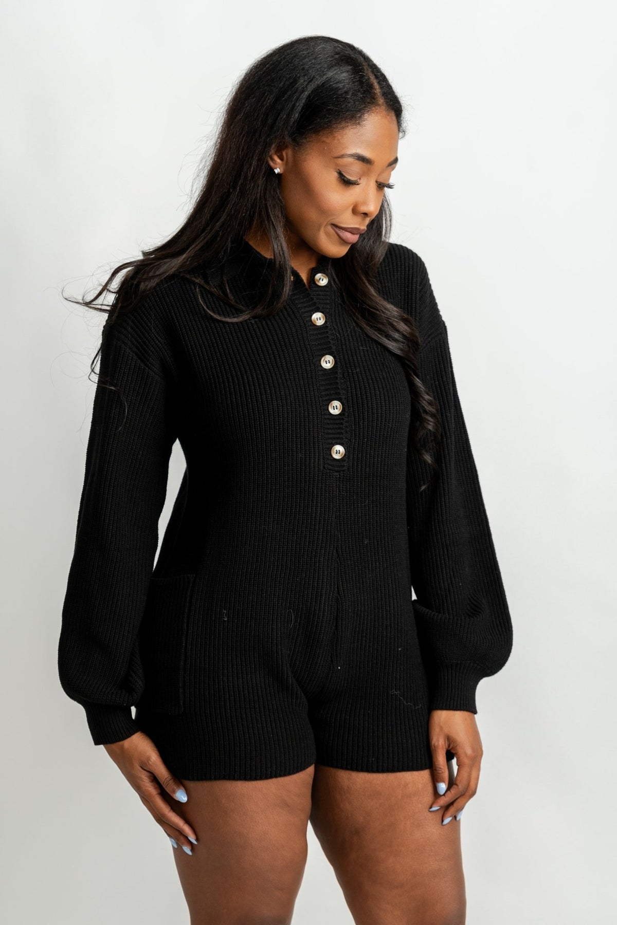 Long sleeve sweater romper black - Cute Romper - Trendy Rompers and Pantsuits at Lush Fashion Lounge Boutique in Oklahoma City