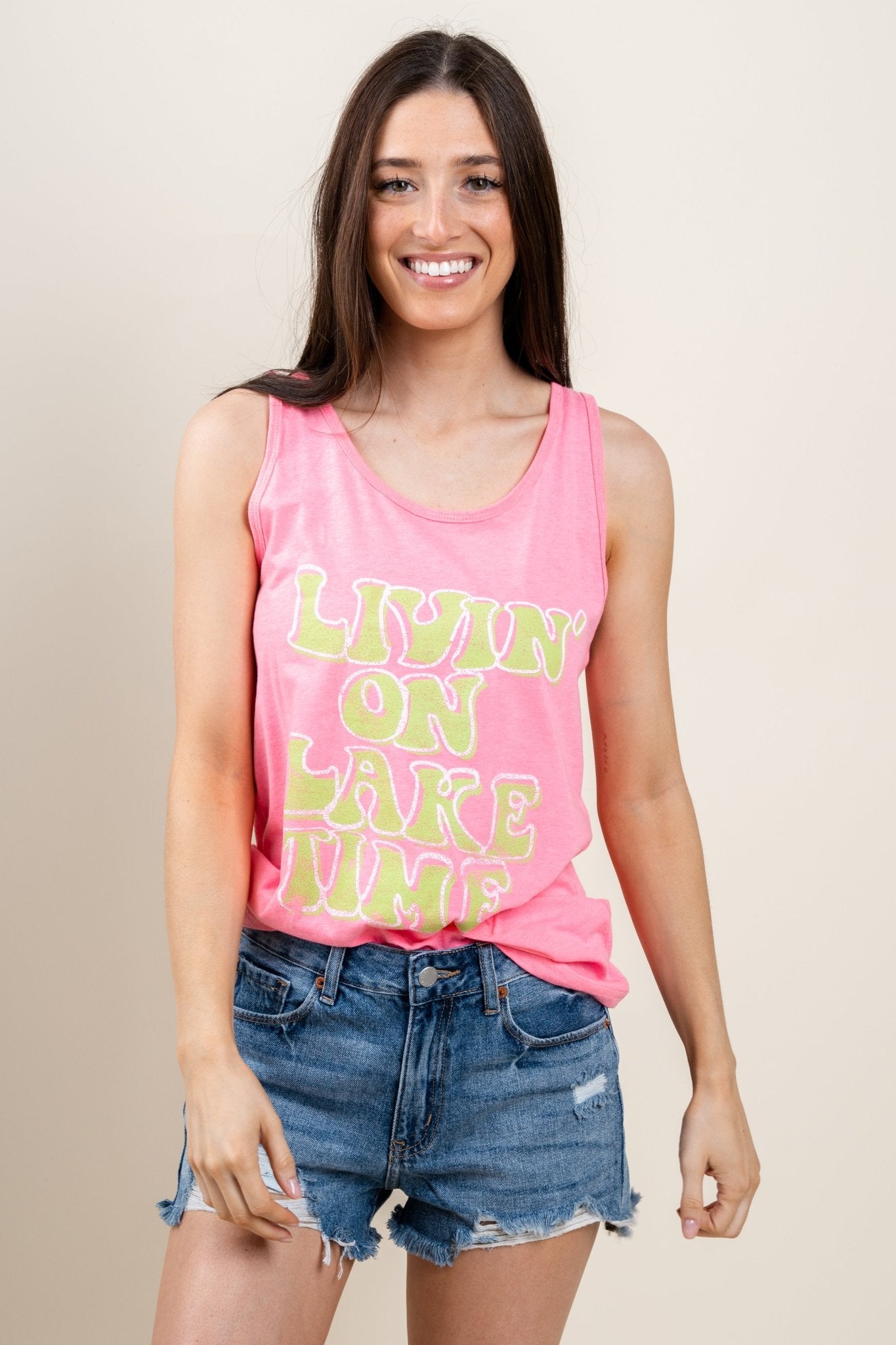 Living on lake time tank top neon pink - DayDreamer Graphic Band Tees at Lush Fashion Lounge Trendy Boutique in Oklahoma City