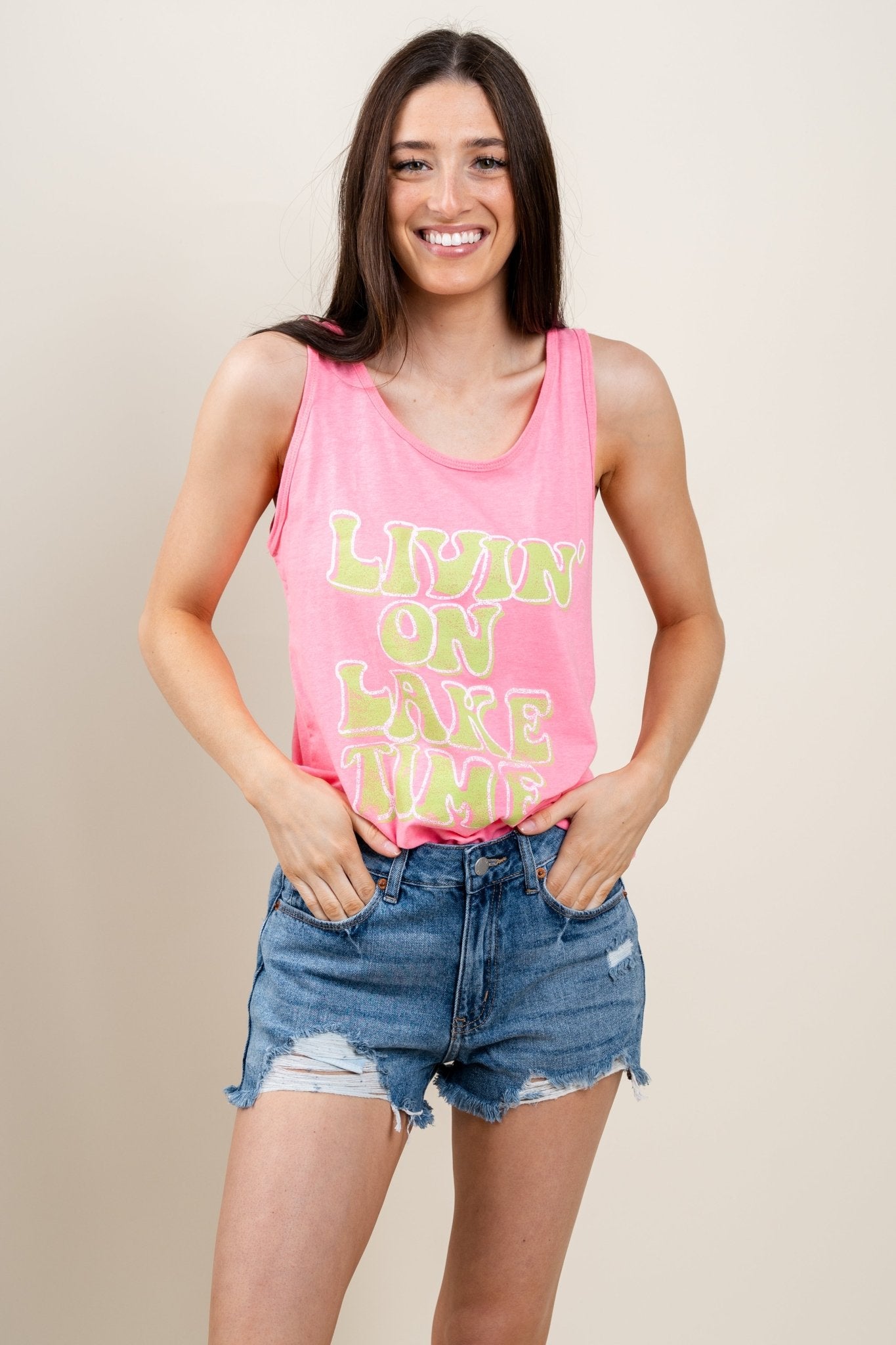 Living on lake time tank top neon pink - DayDreamer Rock T-Shirts at Lush Fashion Lounge Trendy Boutique in Oklahoma City