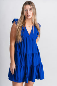 Ruffle sleeve dress royal blue - Affordable dress - Boutique Dresses at Lush Fashion Lounge Boutique in Oklahoma City