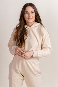 Rib contrast crop hoodie natural - Cute Sweatshirt - Fun Cozy Basics at Lush Fashion Lounge Boutique in Oklahoma City