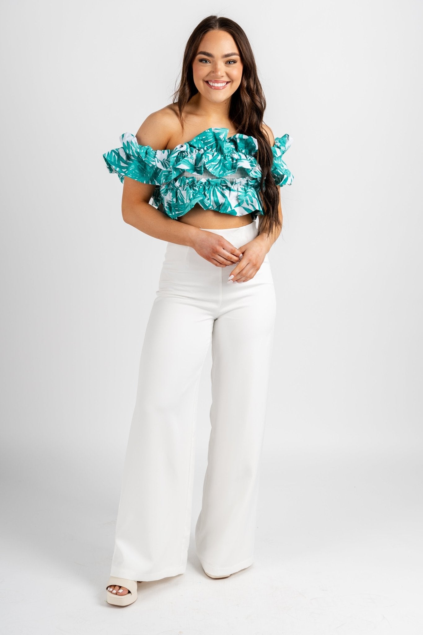 Ruffle print top summer green - Stylish Top - Trendy Staycation Outfits at Lush Fashion Lounge Boutique in Oklahoma City