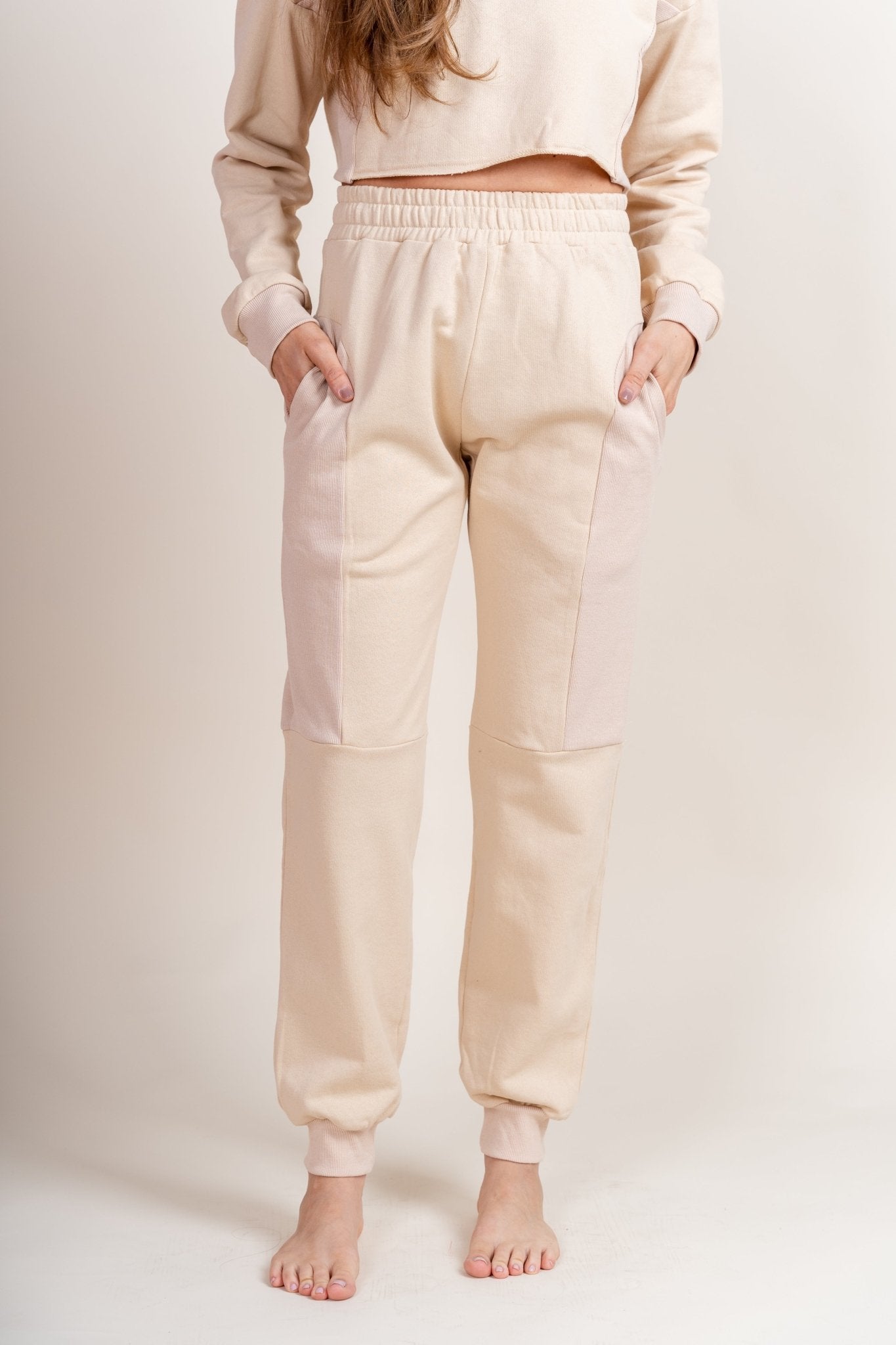 Rib contrast joggers natural - Trendy joggers - Cute Loungewear Collection at Lush Fashion Lounge Boutique in Oklahoma City