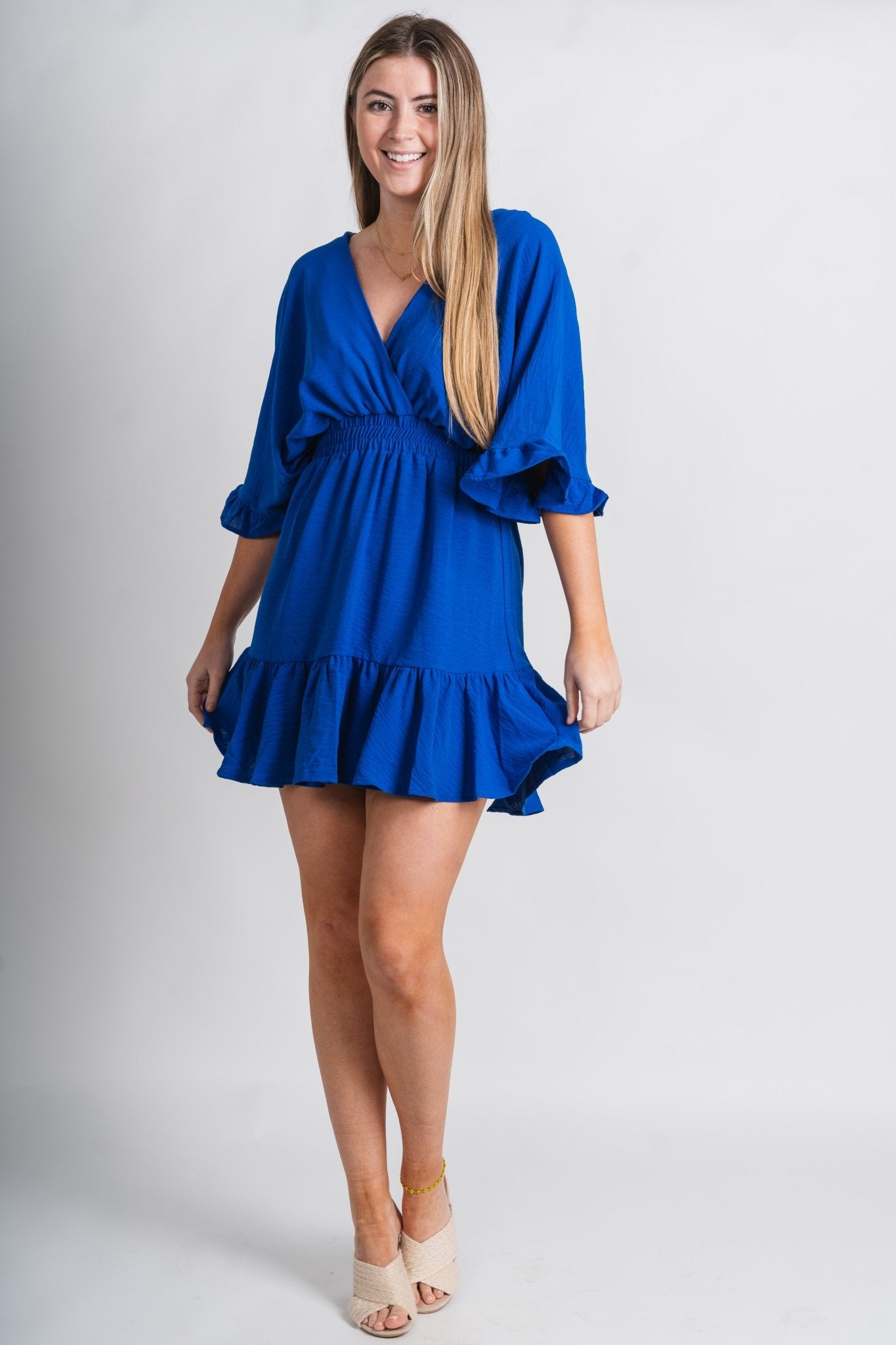 Ruffled sleeve double v dress royal blue - Stylish dress - Trendy Staycation Outfits at Lush Fashion Lounge Boutique in Oklahoma City