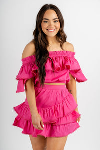 Off shoulder poplin ruffle top fuchsia - Trendy tops - Cute Vacation Collection at Lush Fashion Lounge Boutique in Oklahoma City