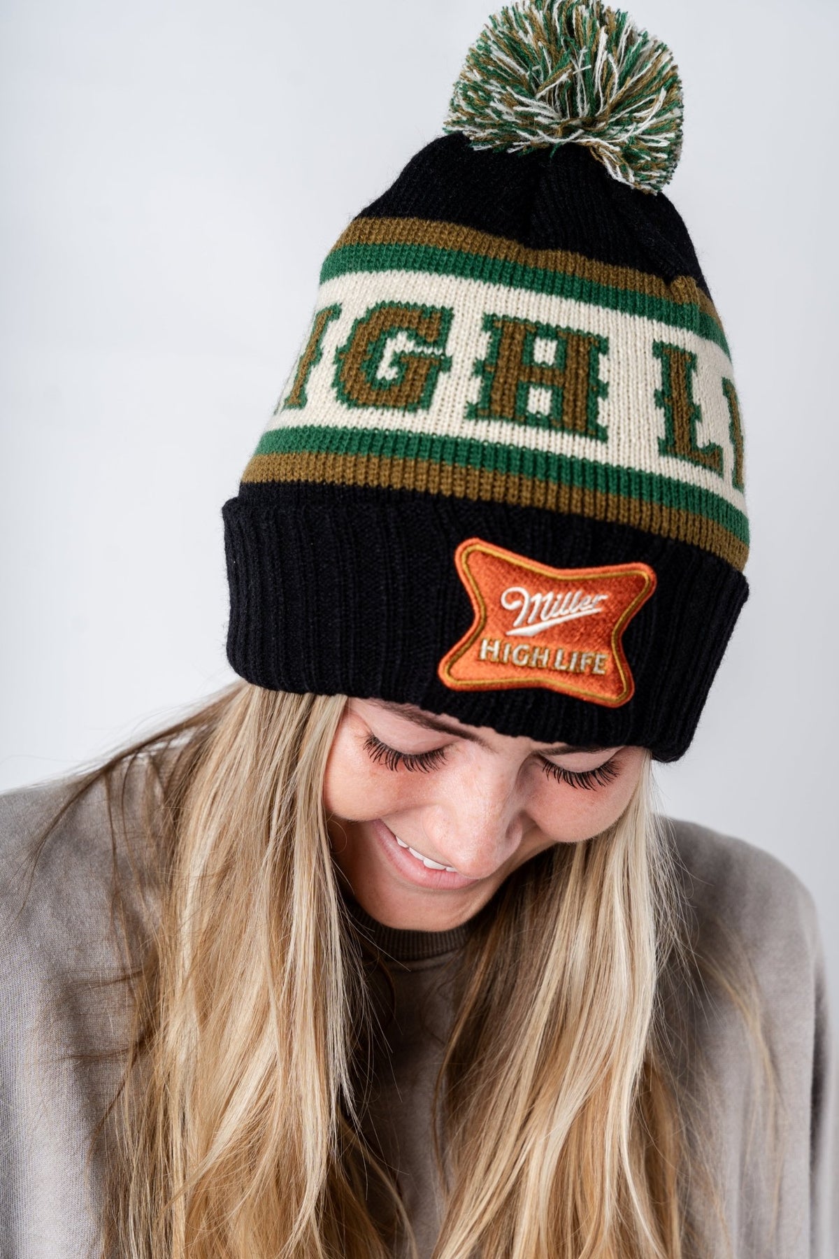 Miller High Life pillow pom beanie black - Trendy Gifts at Lush Fashion Lounge Boutique in Oklahoma City
