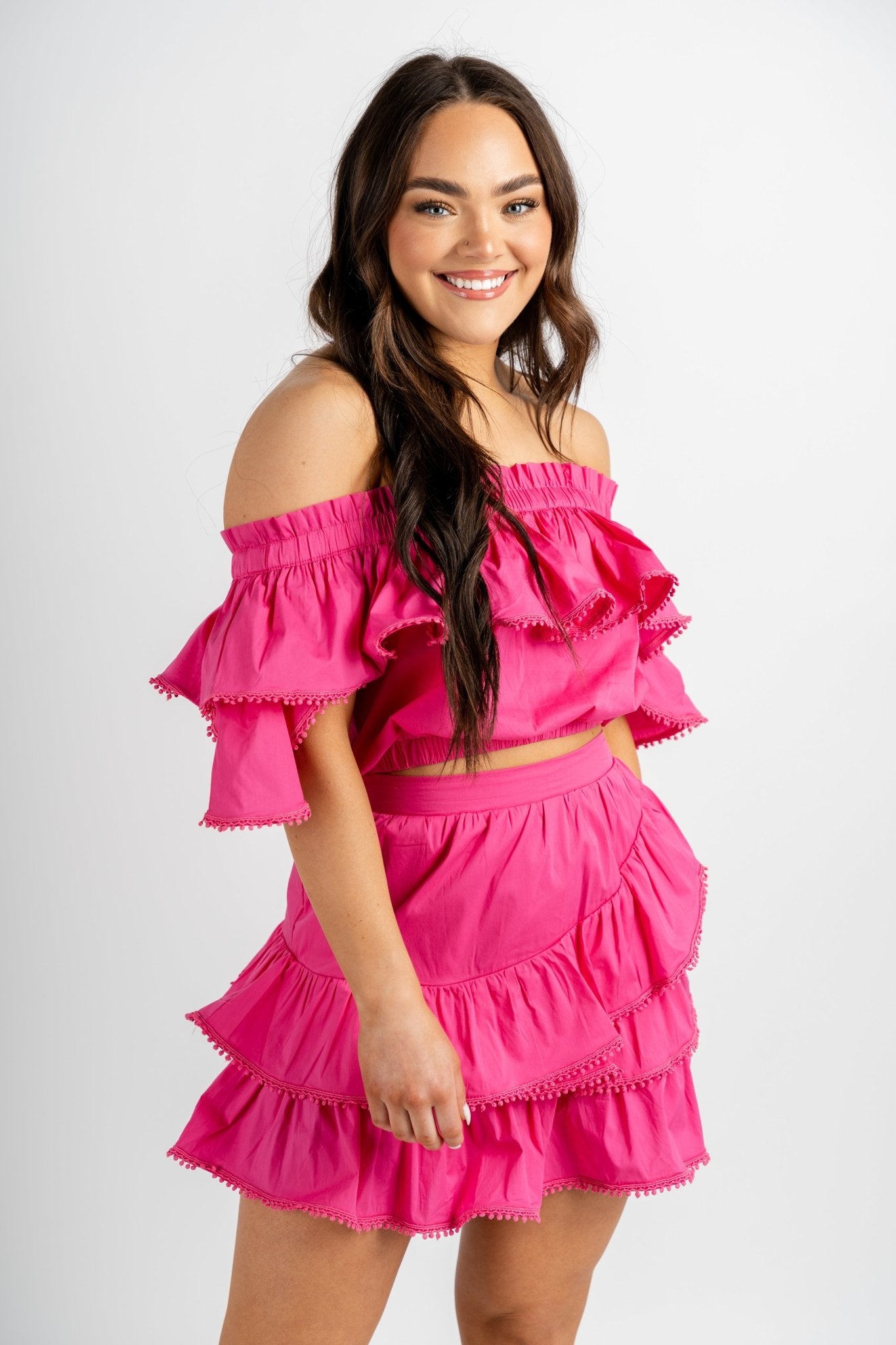 Off shoulder poplin ruffle top fuchsia - Adorable tops - Stylish Vacation T-Shirts at Lush Fashion Lounge Boutique in Oklahoma City