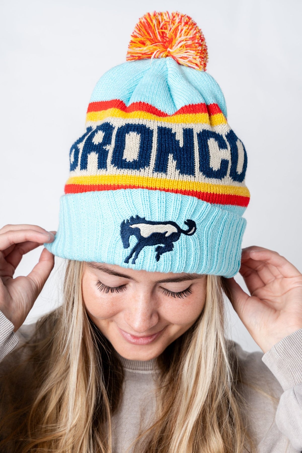 Bronco pillow pom beanie light blue - Trendy Gifts at Lush Fashion Lounge Boutique in Oklahoma City