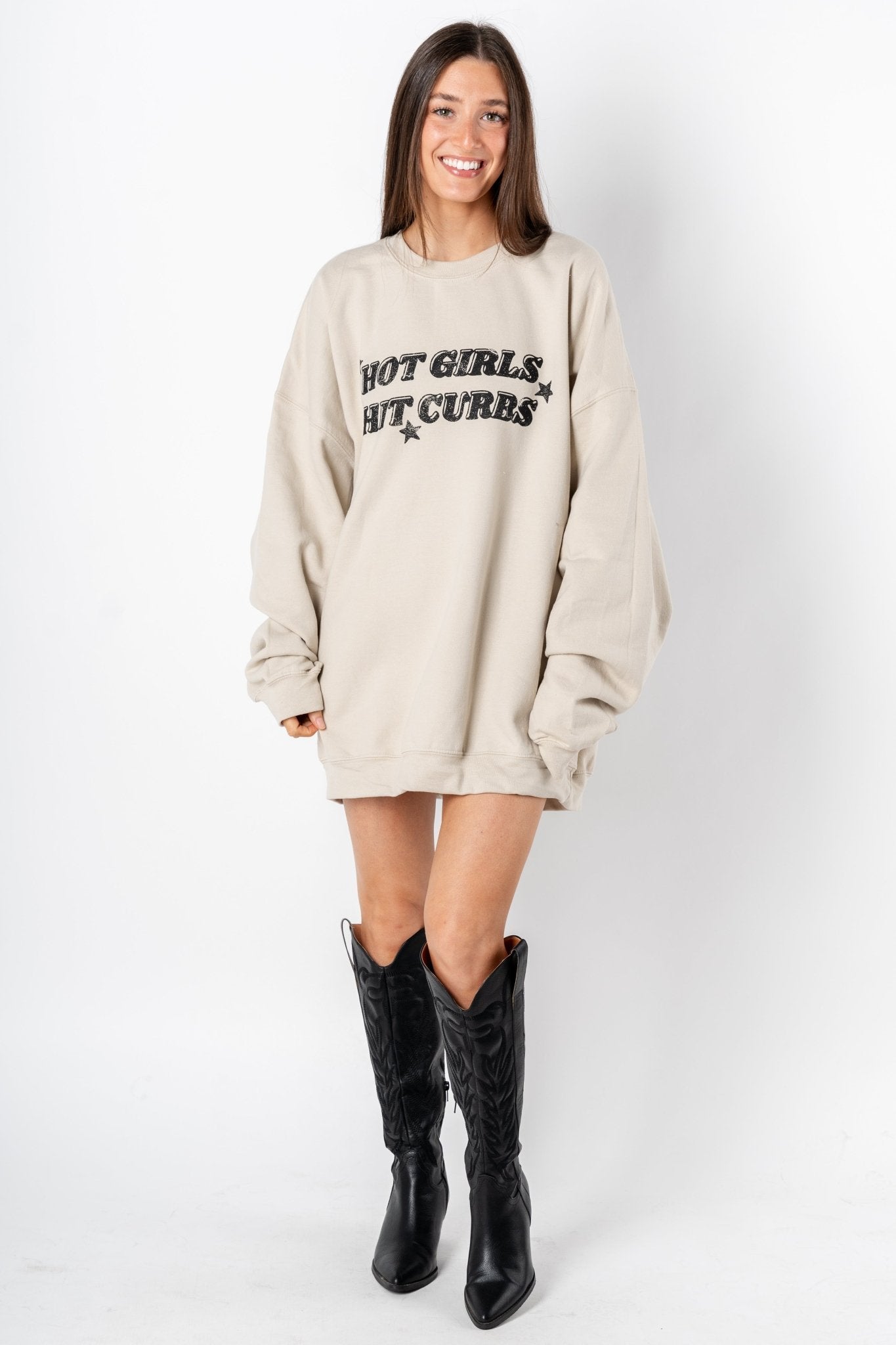 Hot girls hit curbs oversized thrifted sweatshirt sand - Trendy T-shirts - Cute Graphic Tee Fashion at Lush Fashion Lounge Boutique in Oklahoma