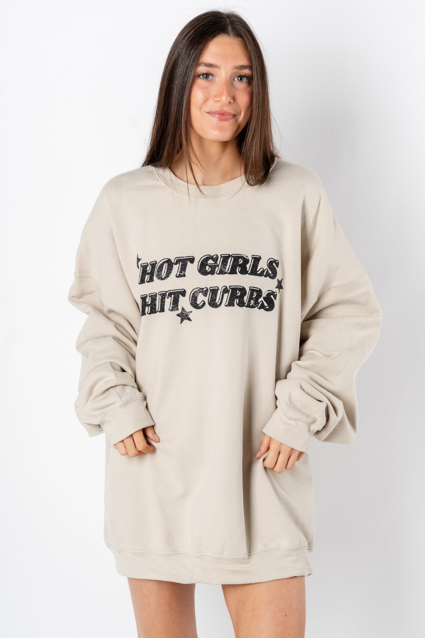 Hot girls hit curbs oversized thrifted sweatshirt sand - Cute T-shirts - Funny T-Shirts at Lush Fashion Lounge Boutique in Oklahoma City