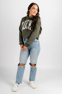 Lucky XL crop hoodie army green - Trendy St. Patrick's T-Shirts at Lush Fashion Lounge Boutique in Oklahoma City