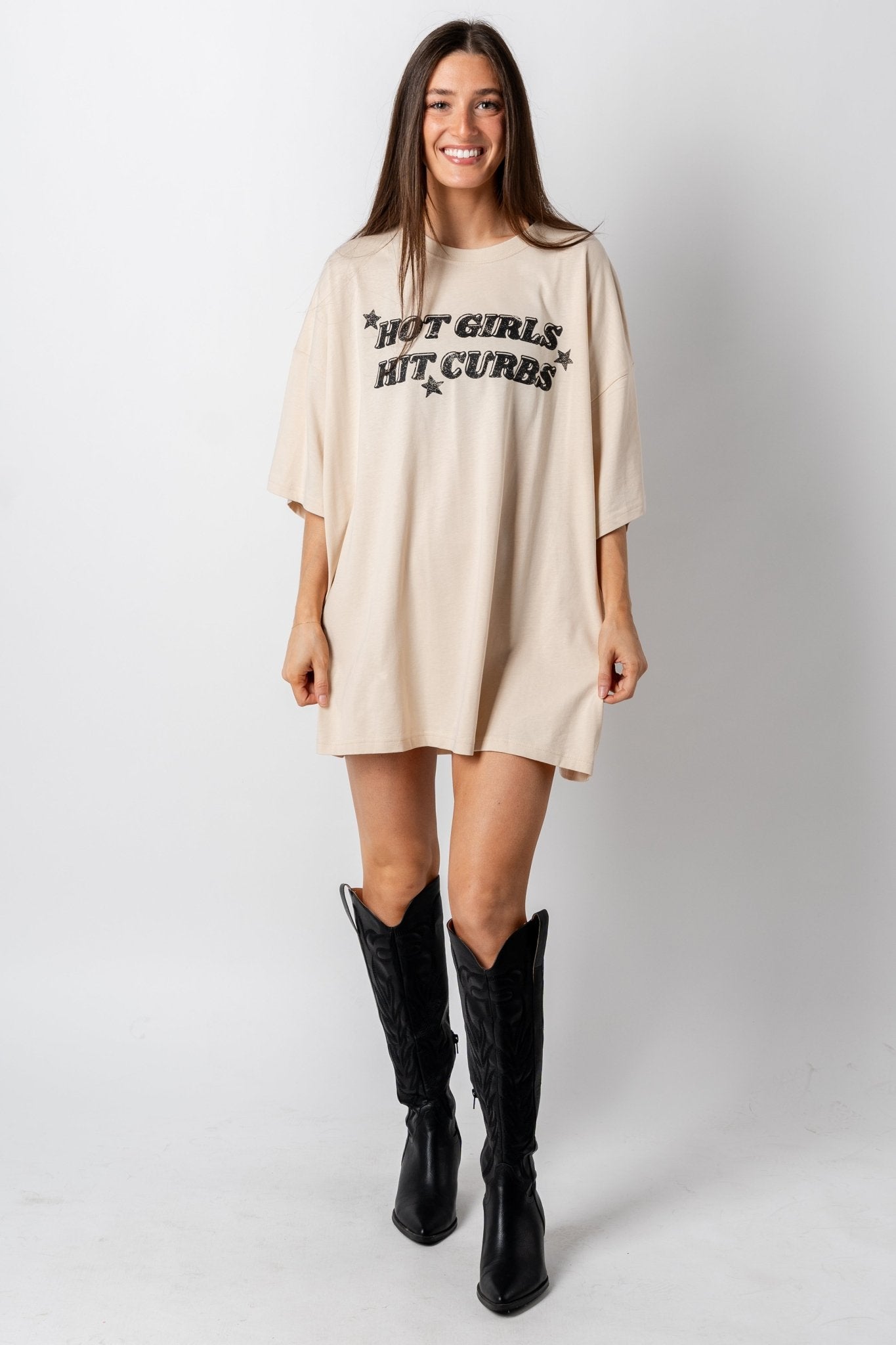 Hot girls hit curbs oversized t-shirt off white - Trendy T-shirts - Cute Graphic Tee Fashion at Lush Fashion Lounge Boutique in Oklahoma