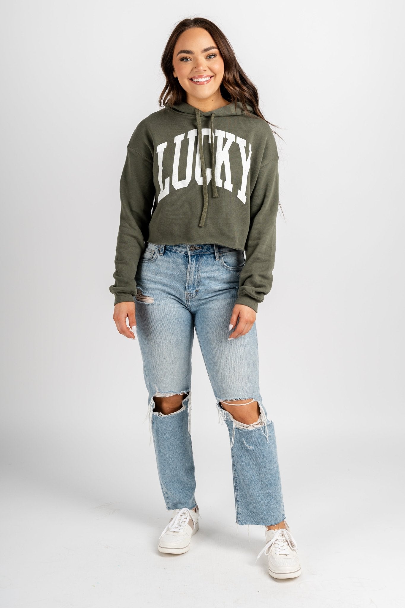 Lucky XL crop hoodie army green - Cute St. Patrick's Day Outfits at Lush Fashion Lounge Boutique in Oklahoma City