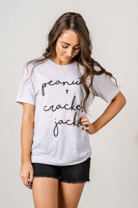 Peanuts + Cracker Jacks unisex short sleeve t-shirt white fleck - Cute T-shirts - Funny T-Shirts at Lush Fashion Lounge Boutique in Oklahoma City