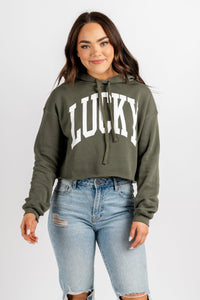 Lucky XL crop hoodie army green - Trendy T-Shirts for St. Patrick's Day at Lush Fashion Lounge Boutique in Oklahoma City