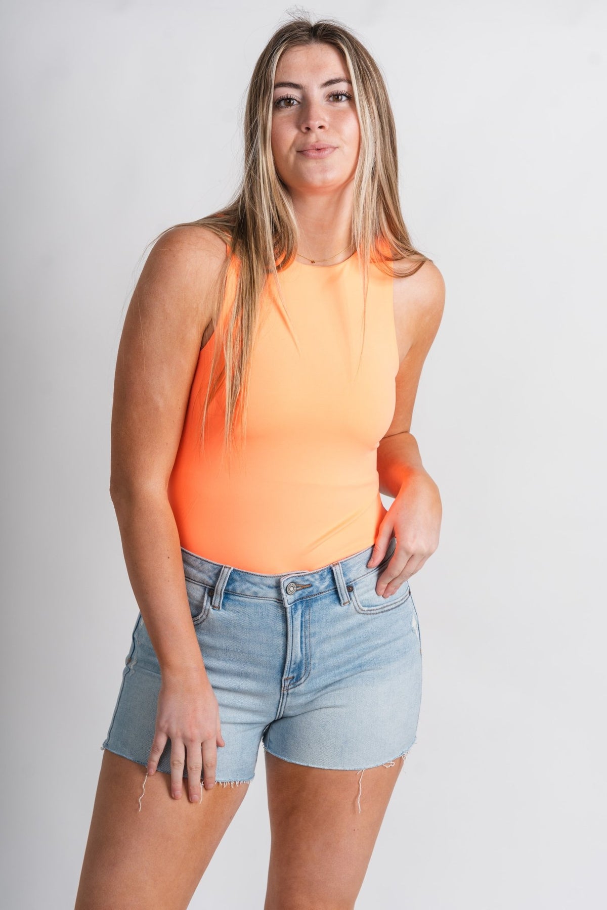 Sleeveless smooth soft bodysuit neon coral - Trendy bodysuit - Cute Vacation Collection at Lush Fashion Lounge Boutique in Oklahoma City