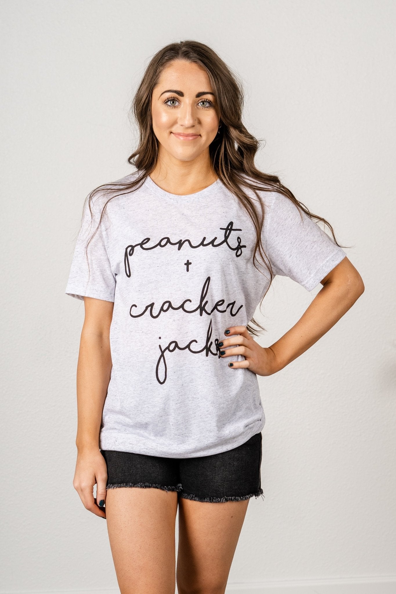 Peanuts + Cracker Jacks unisex short sleeve t-shirt white fleck - Stylish T-shirts - Trendy Graphic T-Shirts and Tank Tops at Lush Fashion Lounge Boutique in Oklahoma City