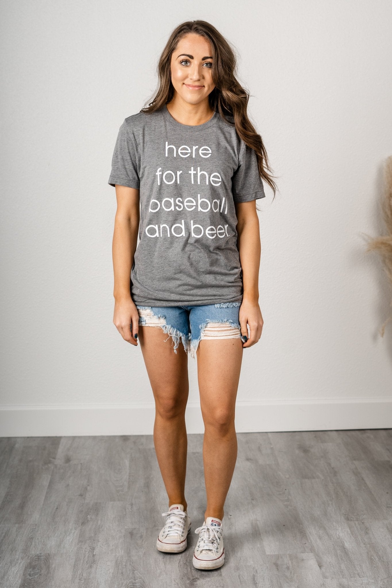 Here for the baseball & beer unisex short sleeve t-shirt grey - Trendy T-shirts - Cute Graphic Tee Fashion at Lush Fashion Lounge Boutique in Oklahoma