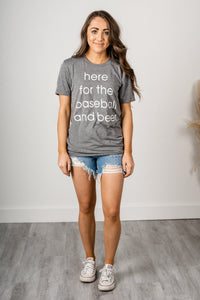 Here for the baseball & beer unisex short sleeve t-shirt grey - Trendy T-shirts - Cute Graphic Tee Fashion at Lush Fashion Lounge Boutique in Oklahoma