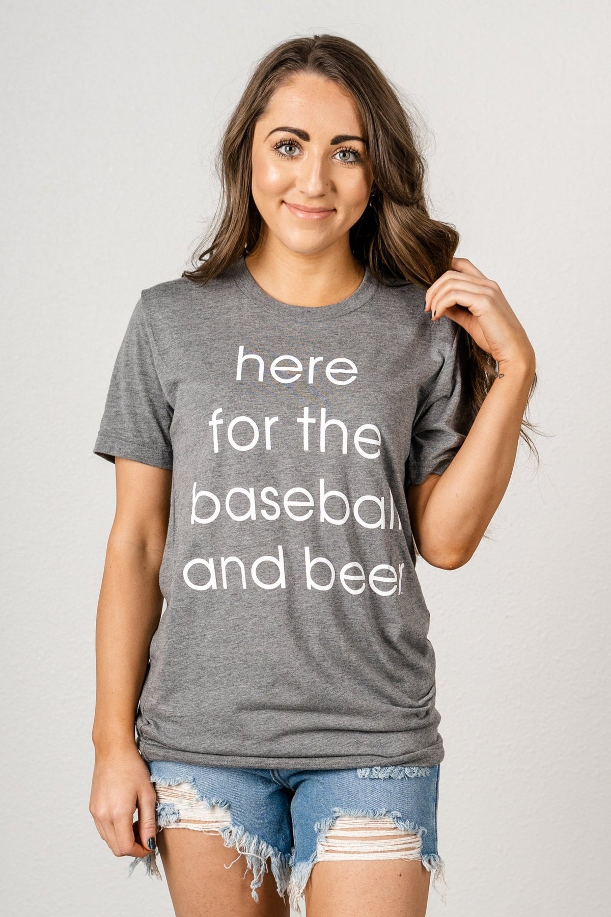 Here for the baseball & beer unisex short sleeve t-shirt grey - Stylish T-shirts - Trendy Graphic T-Shirts and Tank Tops at Lush Fashion Lounge Boutique in Oklahoma City