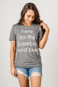 Here for the baseball & beer unisex short sleeve t-shirt grey - Cute T-shirts - Funny T-Shirts at Lush Fashion Lounge Boutique in Oklahoma City