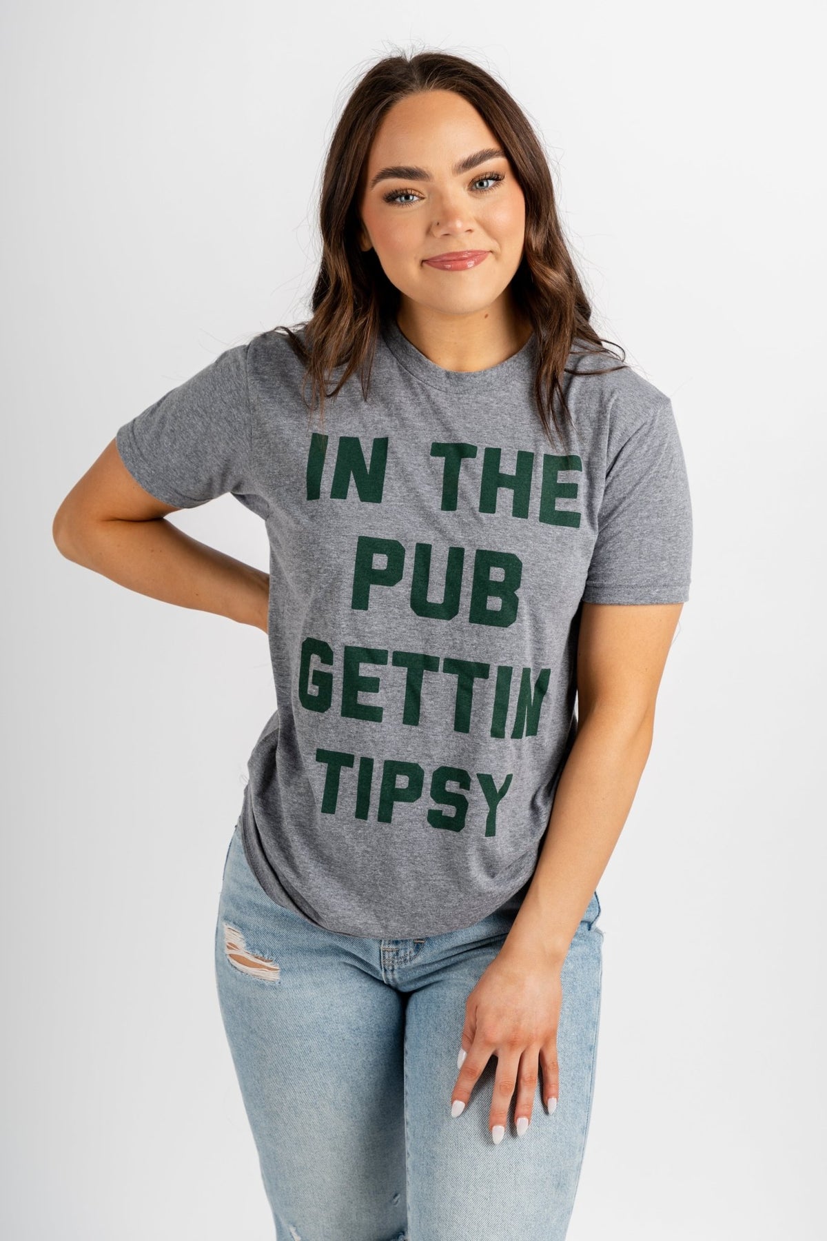 In the pub getting tipsy t-shirt grey - Trendy T-Shirts for St. Patrick's Day at Lush Fashion Lounge Boutique in Oklahoma City