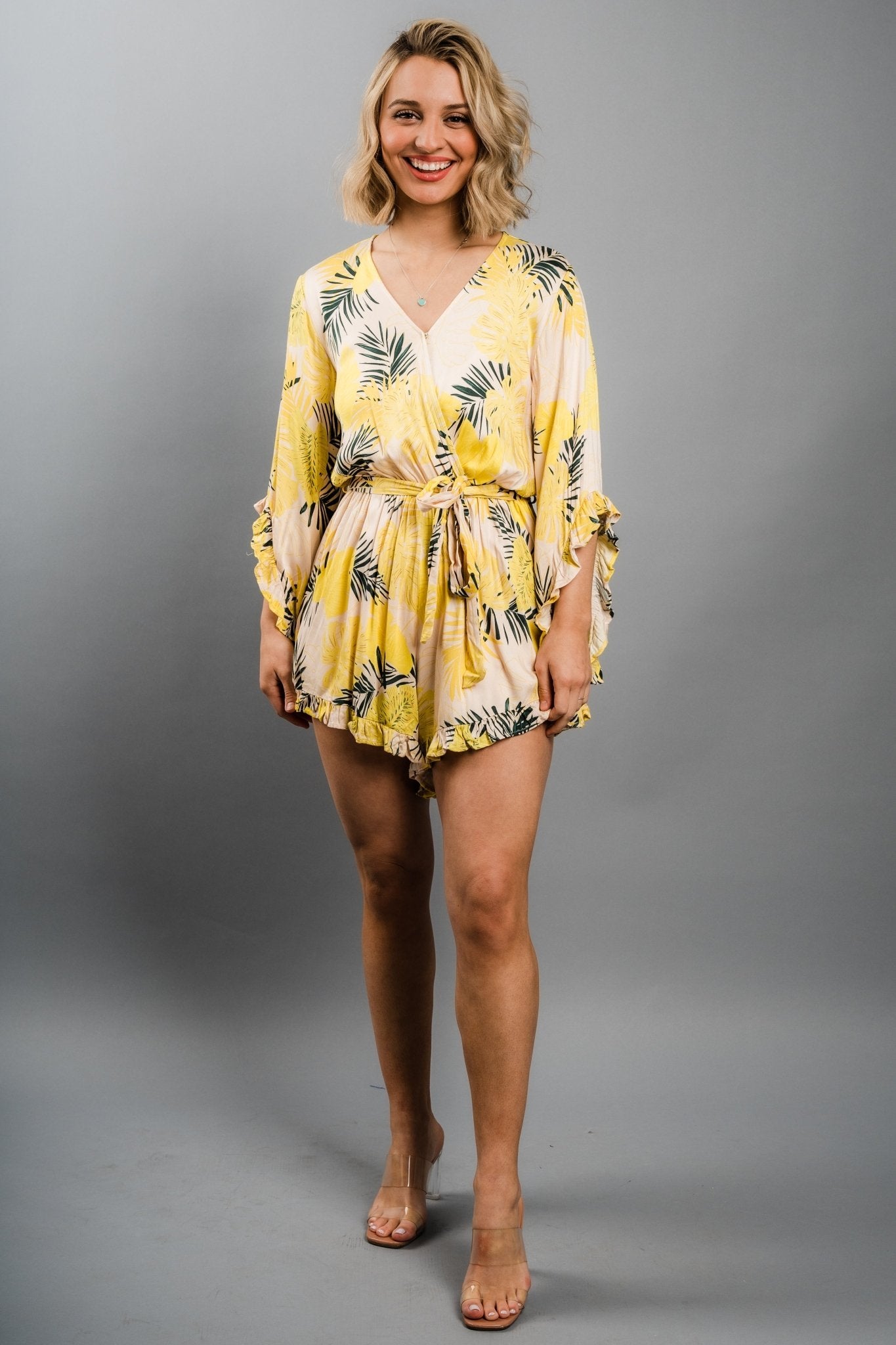 Ruffle tie waist tropical print romper apricot multi - Trendy Romper - Fashion Rompers & Pantsuits at Lush Fashion Lounge Boutique in Oklahoma City