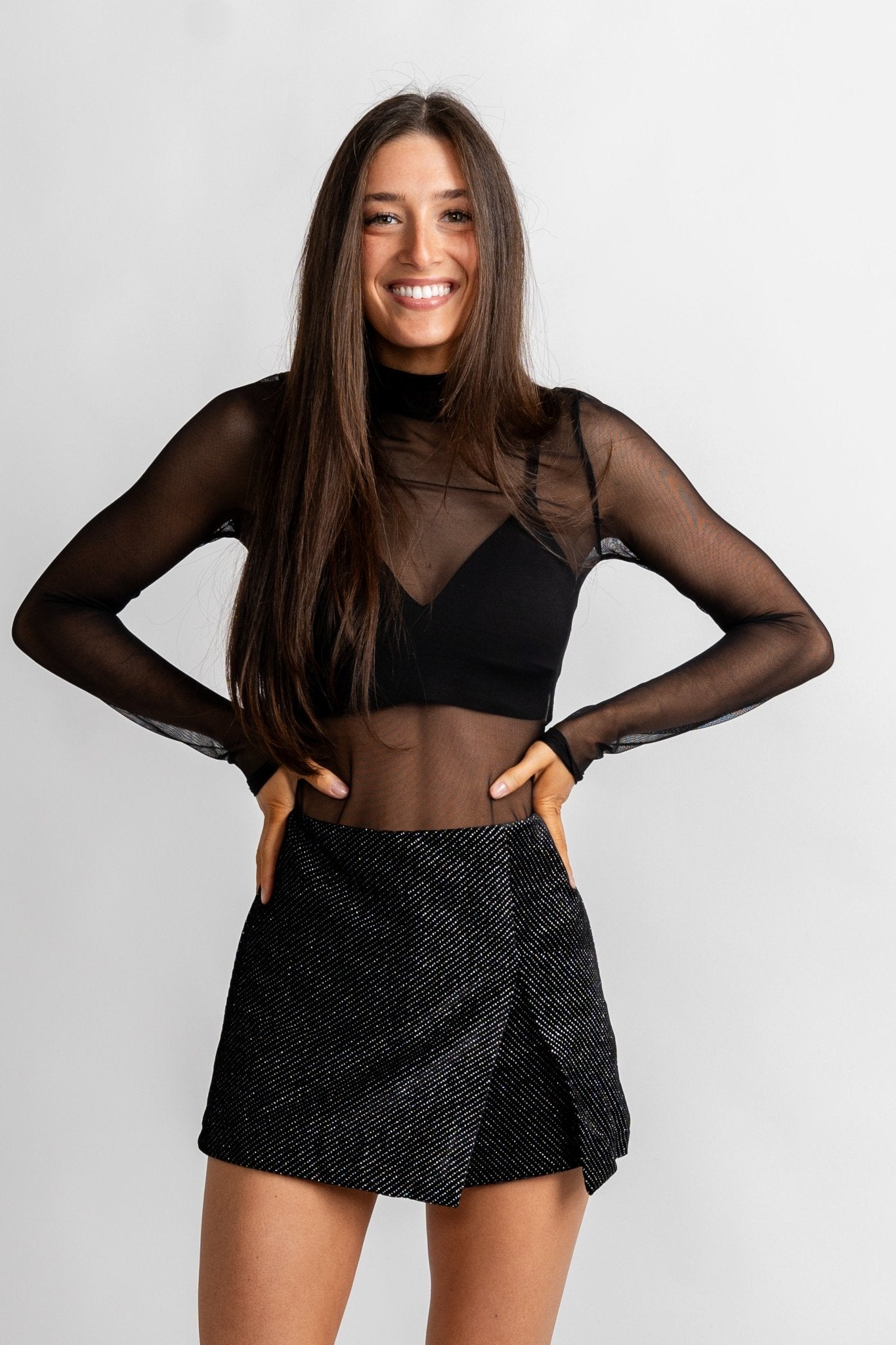 Velvet glitter front slit skort black - Affordable New Year's Eve Party Outfits at Lush Fashion Lounge Boutique in Oklahoma City
