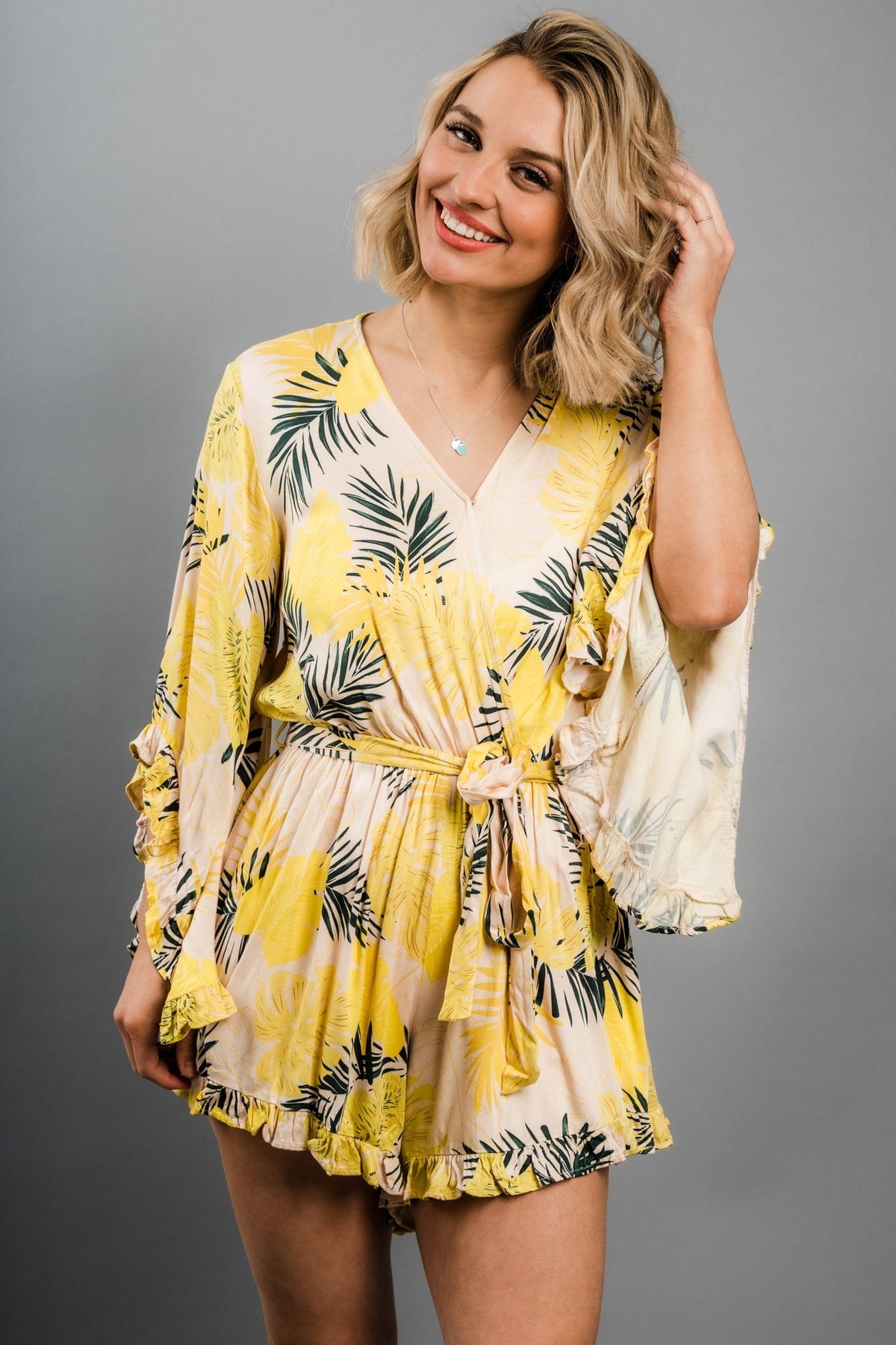 Ruffle tie waist tropical print romper apricot multi - Cute Romper - Trendy Rompers and Pantsuits at Lush Fashion Lounge Boutique in Oklahoma City