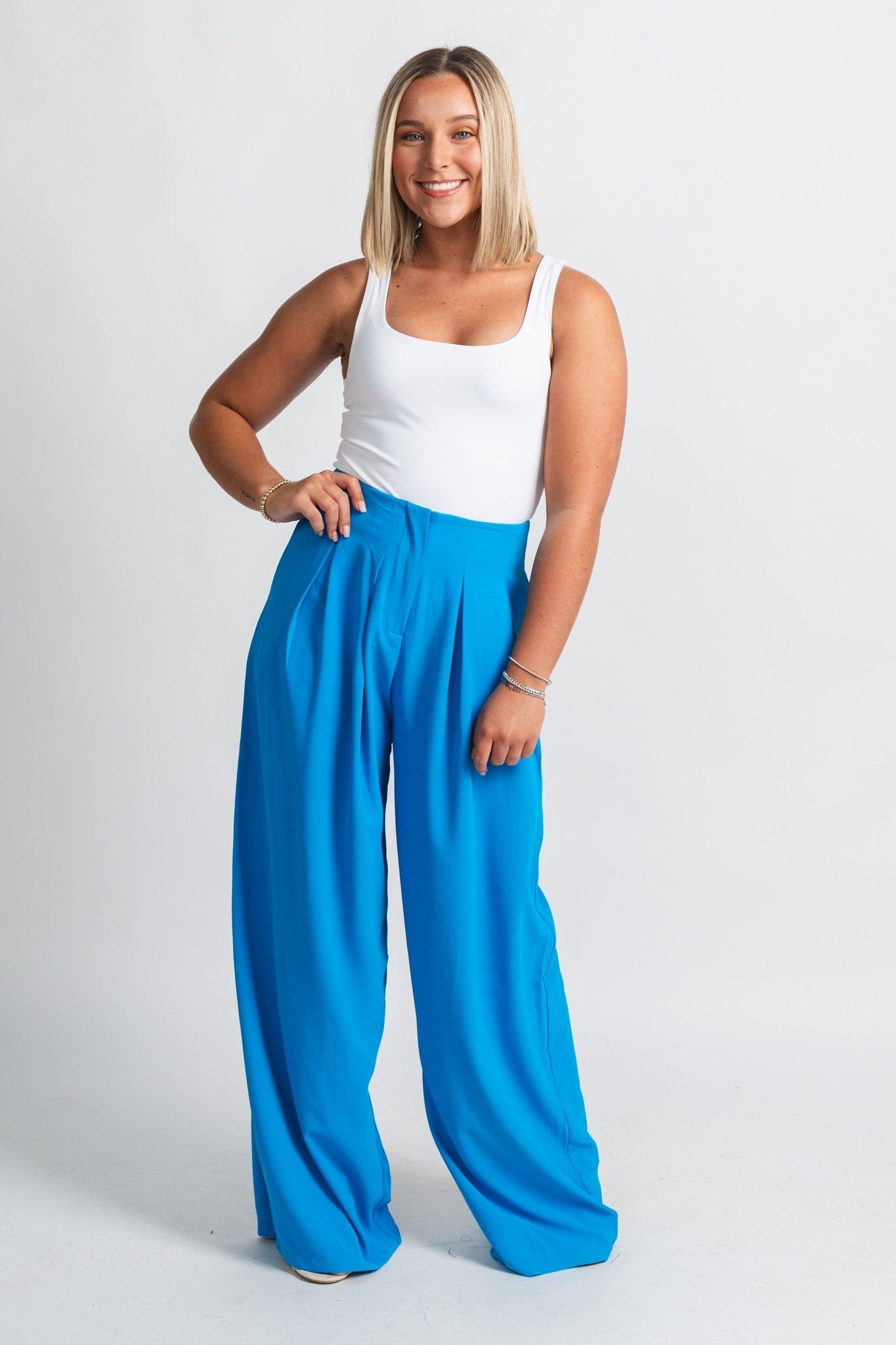 Pleated wide leg pants ocean blue  Trendy Pants - Lush Fashion Lounge
