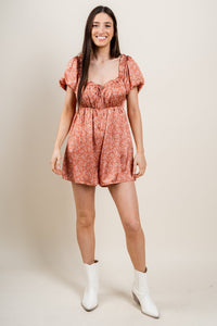 Paisley puff sleeve romper orange - Trendy romper - Fashion Rompers & Pantsuits at Lush Fashion Lounge Boutique in Oklahoma City