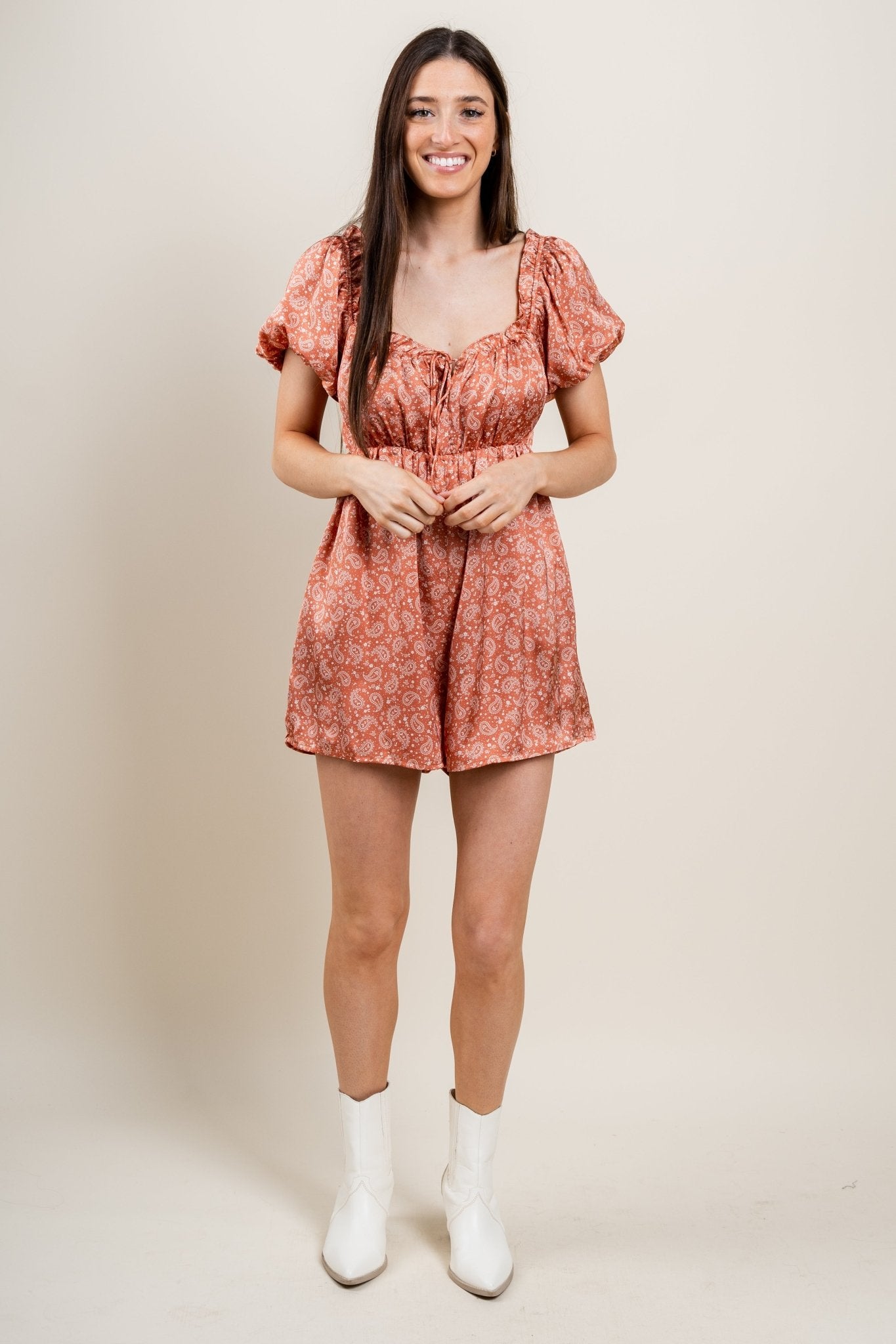 Paisley puff sleeve romper orange Stylish romper - Womens Fashion Rompers & Pantsuits at Lush Fashion Lounge Boutique in Oklahoma City