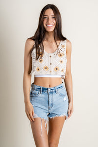 Embroidered crochet tank top natural - Affordable Top - Boutique Tank Tops at Lush Fashion Lounge Boutique in Oklahoma City