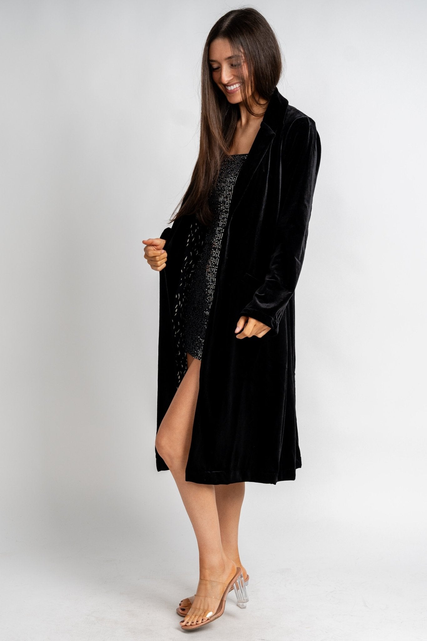 Velvet duster coat black - Trendy New Year's Eve Dresses, Skirts, Kimonos and Sequins at Lush Fashion Lounge Boutique in Oklahoma City