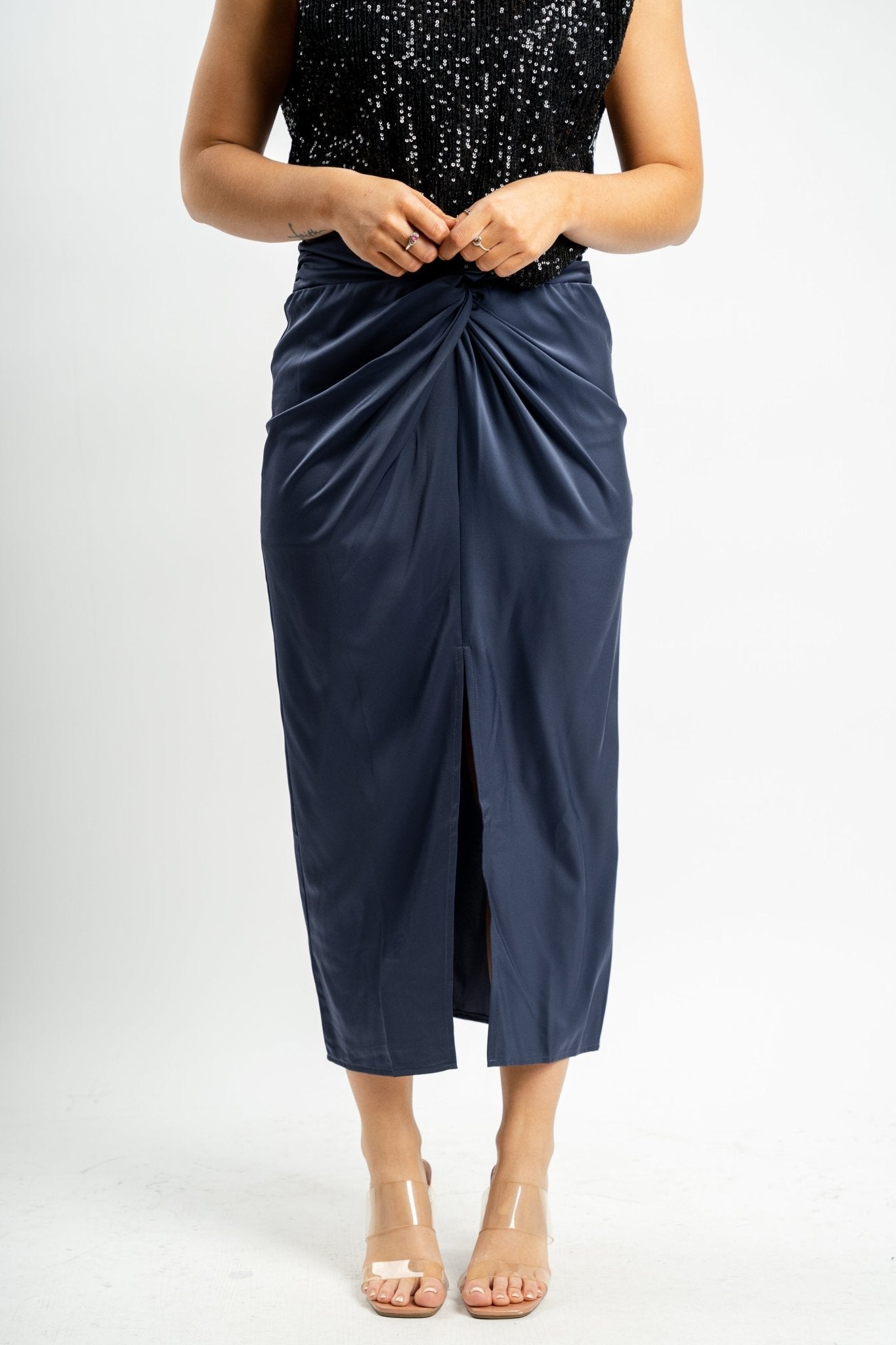 Twist waist midi skirt navy - Affordable New Year's Eve Party Outfits at Lush Fashion Lounge Boutique in Oklahoma City
