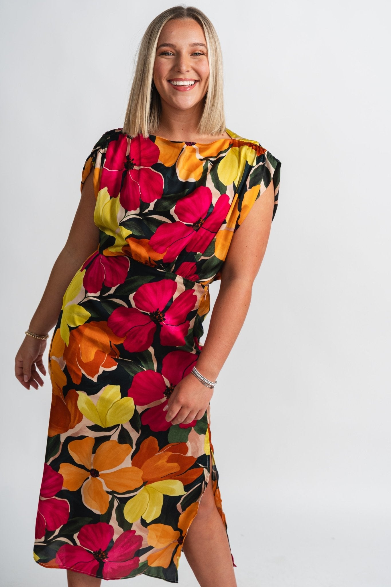 Tropical floral maxi dress fuchsia floral - Stylish dress - Trendy Staycation Outfits at Lush Fashion Lounge Boutique in Oklahoma City