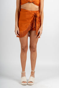 Knotted fringe wrap shorts mimosa - Affordable shorts - Boutique Shorts at Lush Fashion Lounge Boutique in Oklahoma City