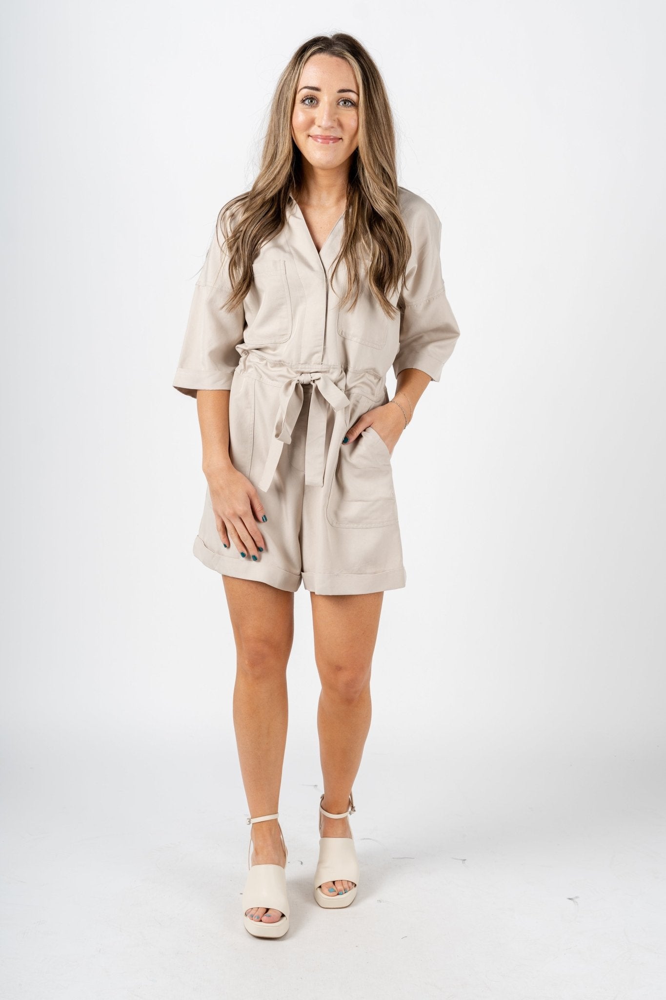 Belted romper taupe - Trendy Romper - Fashion Rompers & Pantsuits at Lush Fashion Lounge Boutique in Oklahoma City