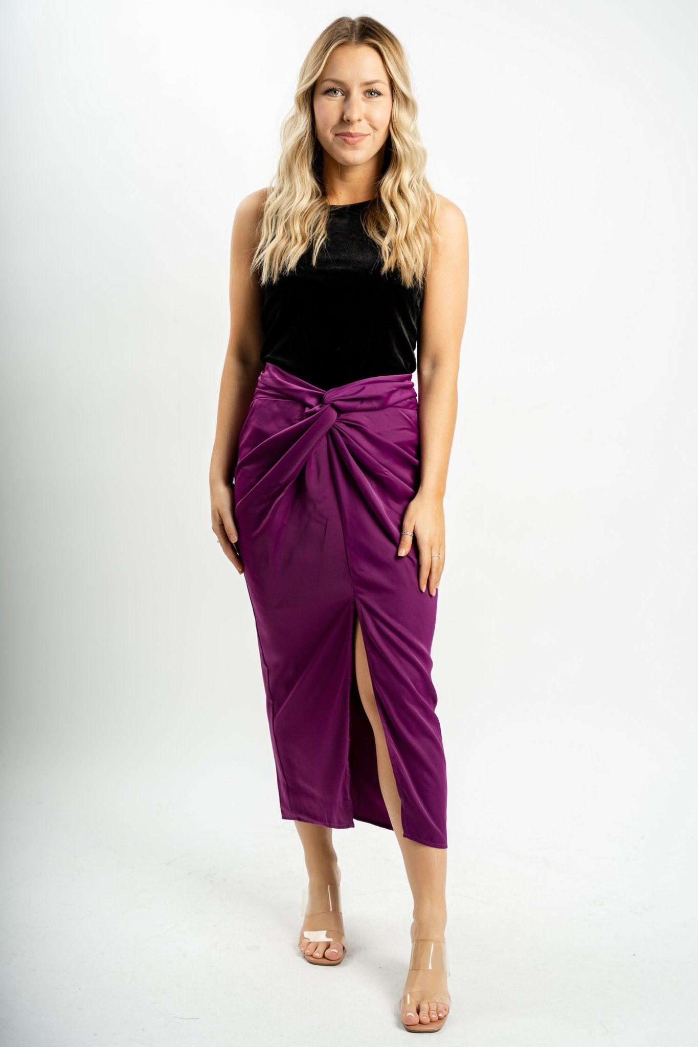 Twist waist midi skirt magenta - Affordable New Year's Eve Party Outfits at Lush Fashion Lounge Boutique in Oklahoma City