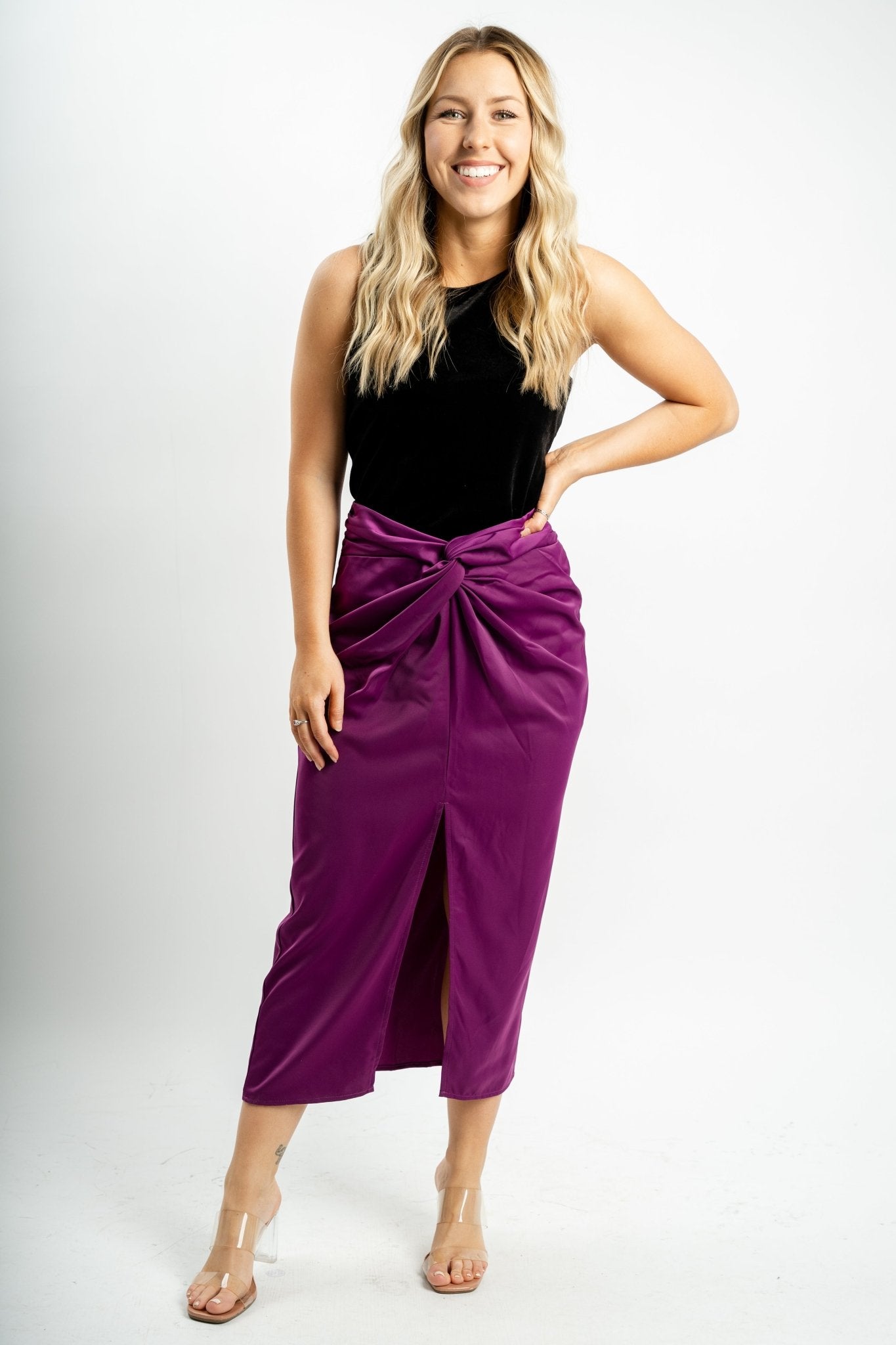Twist waist midi skirt magenta - Trendy New Year's Eve Outfits at Lush Fashion Lounge Boutique in Oklahoma City