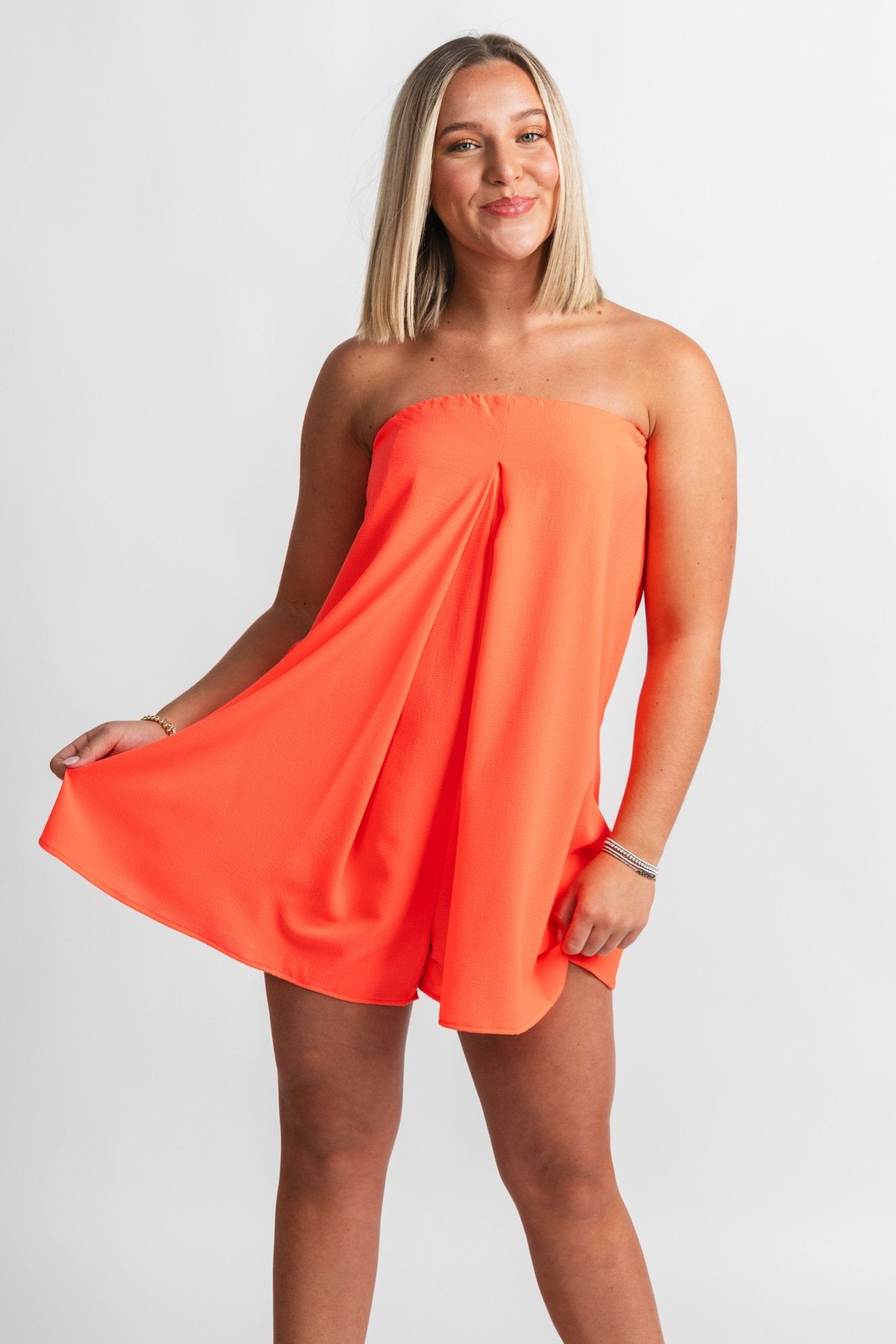 Strapless romper coral - Stylish Romper - Trendy Staycation Outfits at Lush Fashion Lounge Boutique in Oklahoma City