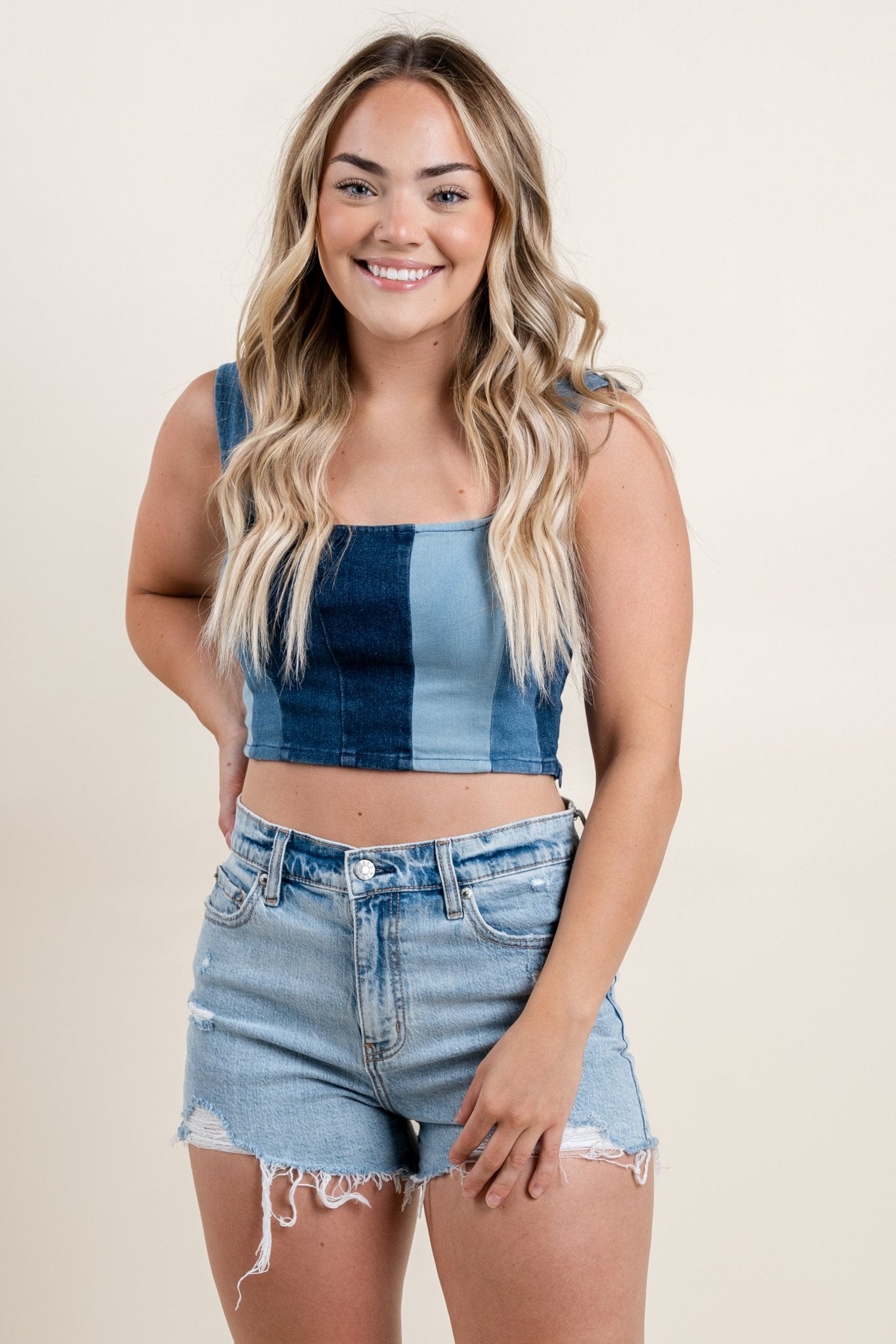 Colorblock denim crop top denim