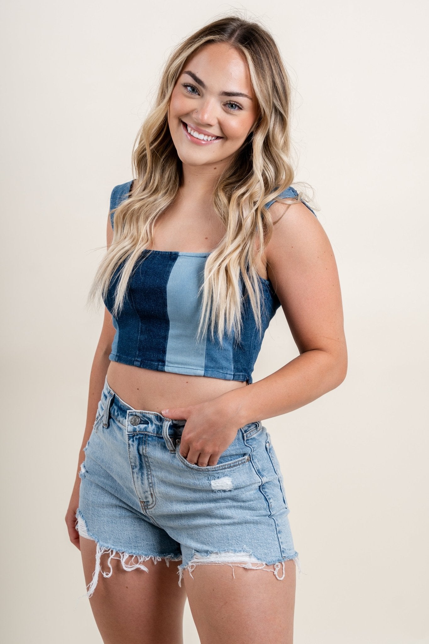 Colorblock denim crop top denim