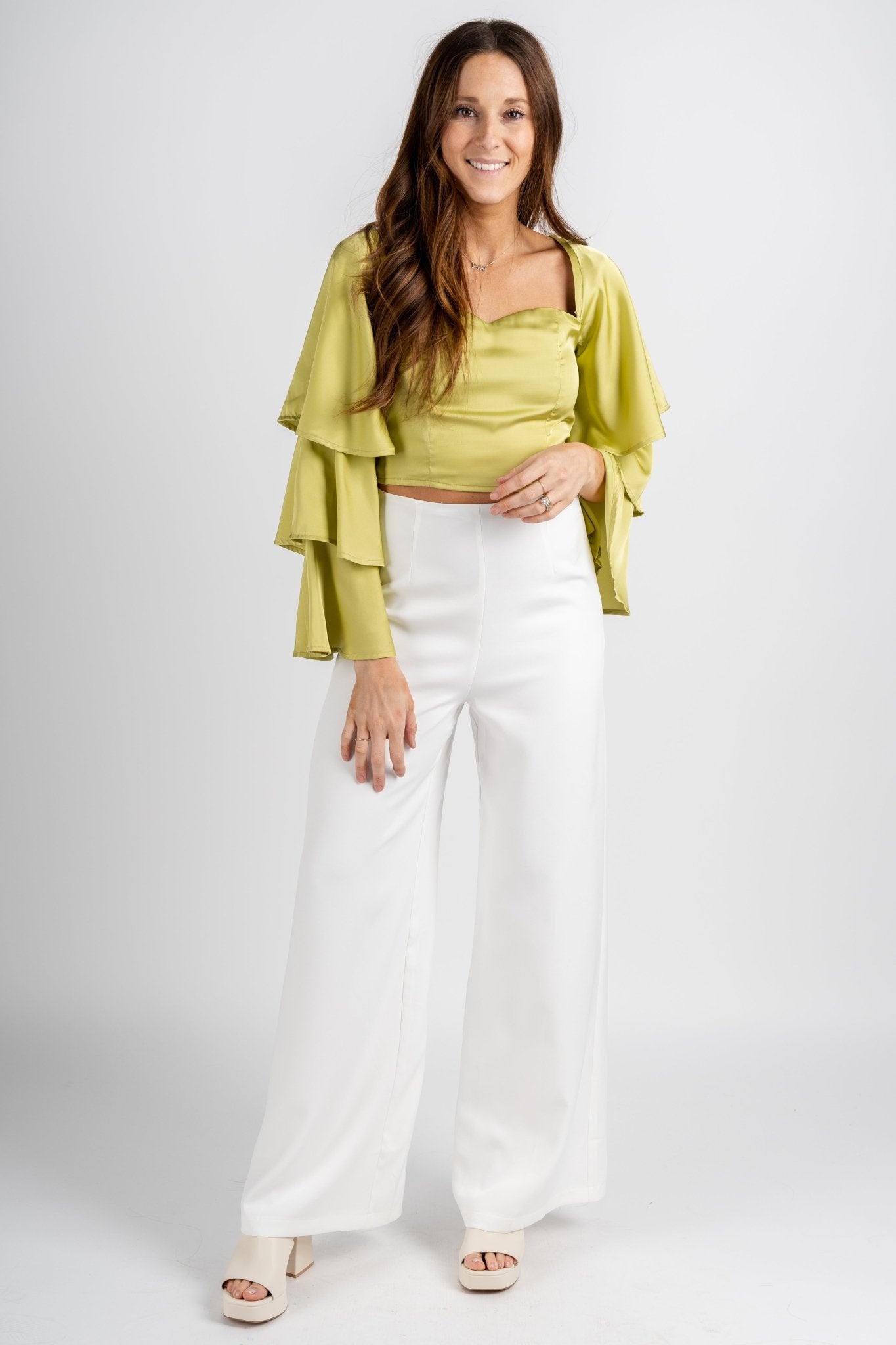 Trumpet sleeve crop top muted lime - Stylish Top - Trendy Staycation Outfits at Lush Fashion Lounge Boutique in Oklahoma City