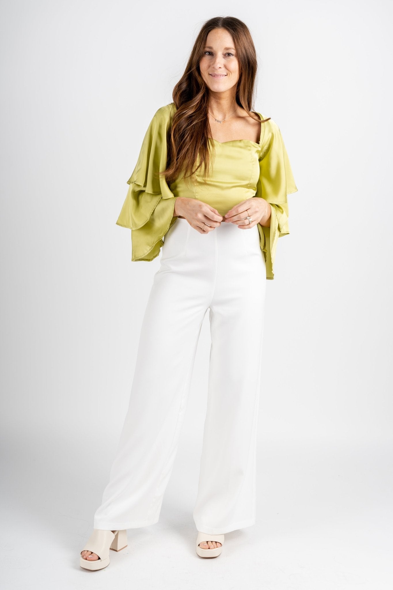 Trumpet sleeve crop top muted lime - Fun Top - Unique Getaway Gear at Lush Fashion Lounge Boutique in Oklahoma