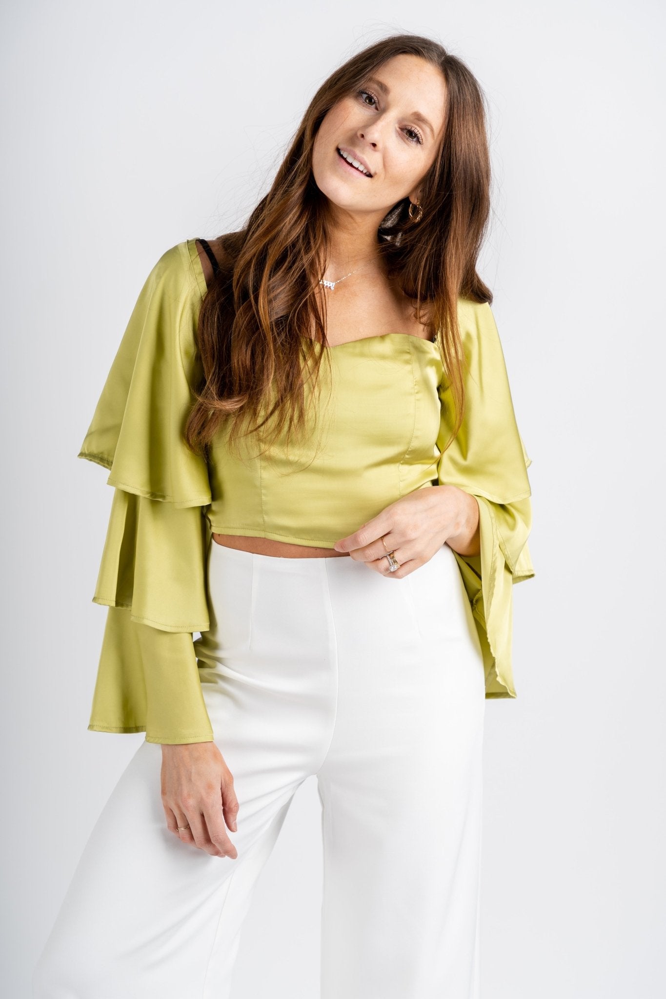 Trumpet sleeve crop top muted lime - Adorable Top - Stylish Vacation T-Shirts at Lush Fashion Lounge Boutique in Oklahoma City